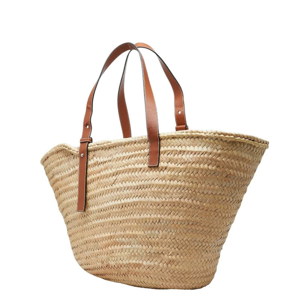 Loewe Calfskin Basket Tote Beige Shoulder Brown Cream Bag Raffia Brown Cream